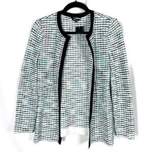 Misook Knit‎ Jacket White Stripe Open Front Chain Trim Long Sleeve Sz XS